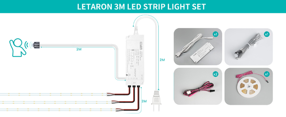 Светодиодная лента LETARON COB 24 В, светодиодная лента, 480 светодиодов/м, сверхяркий световой поток, 6000K, белый, 3 м, с регулировкой яркости, с лентой 3M, блок питания 30 Вт UL, СЕНСОРНЫЙ ВЫКЛЮЧАТЕЛЬ для спальни, дома, кухни, сделай сам